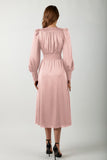 V-Neck Silk Button Bishop Sleeve A-line Dress