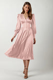 V-Neck Silk Button Bishop Sleeve A-line Dress( Clearance sale