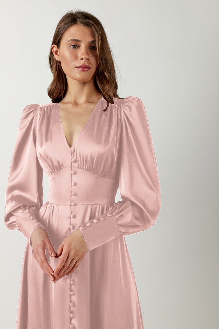 V-Neck Silk Button Bishop Sleeve A-line Dress