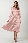 V-Neck Silk Button Bishop Sleeve A-line Dress( Clearance sale