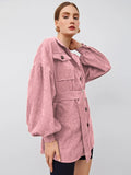 Collared Flap Pocket Front Buckle Belted Cord Coat