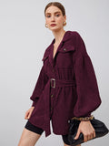 Collared Flap Pocket Front Buckle Belted Cord Coat without belt( CLEARANCE SALE