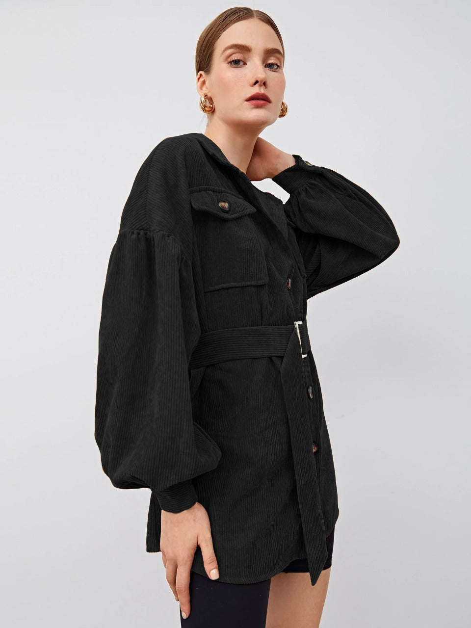 Collared Flap Pocket Front Buckle Belted Cord Coat