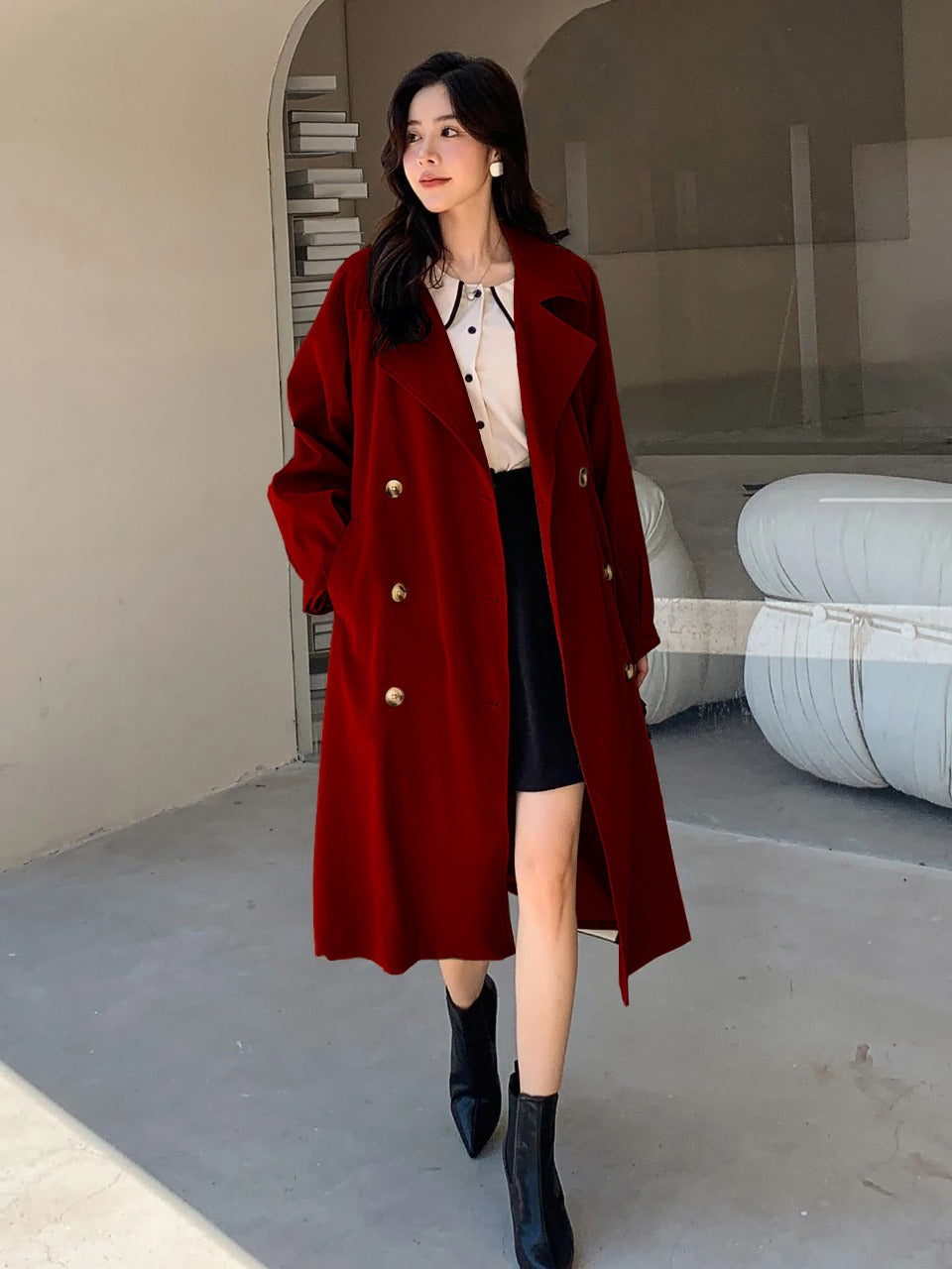 Double Breasted Raglan Sleeve Belted Trench Coat