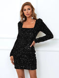 Missord Square Neck Gigot Sleeve Sequin Bodycon Dress( CLEARANCE SALE