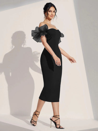Off Shoulder Contrast Mesh Ruffle Trim Bodycon Dress(Clearance sale)