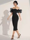 Off Shoulder Contrast Mesh Ruffle Trim Bodycon Dress( Clearance sale pre order