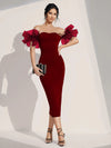 Off Shoulder Contrast Mesh Ruffle Trim Bodycon Dress( Clearance sale pre order