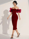 Off Shoulder Contrast Mesh Ruffle Trim Bodycon Dress( Clearance sale pre order