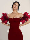 Off Shoulder Contrast Mesh Ruffle Trim Bodycon Dress( Clearance sale pre order