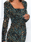 Missord Square Neck Gigot Sleeve Sequin Bodycon Dress( CLEARANCE SALE