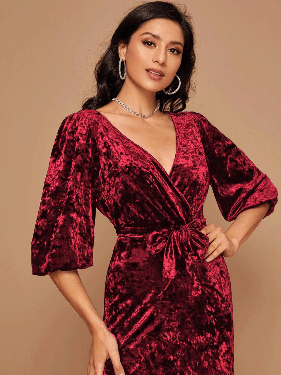 Flounce Sleeve Contrast Guipure Lace Belted Velvet Dress – Parien House