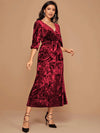 Surplice Neck Self Tie Velvet A-line Dress