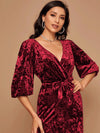 Surplice Neck Self Tie Velvet A-line Dress