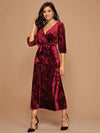 Surplice Neck Self Tie Velvet A-line Dress