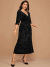 Surplice Neck Self Tie Velvet A-line Dress