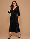 Surplice Neck Self Tie Velvet A-line Dress