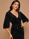 Surplice Neck Self Tie Velvet A-line Dress