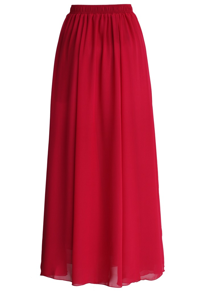 Wine Red Pleated Maxi Skirt