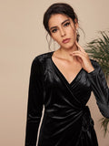 Wrap Tie Side Ruffle Velvet A-line Dress(SI)
