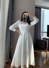 Long Sleeve Square Neck Fit & Flare Midi Dress Stretch