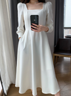 Long Sleeve Square Neck Fit & Flare Midi Dress Stretch