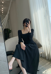 Long Sleeve Square Neck Fit & Flare Midi Dress Stretch