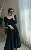 Long Sleeve Square Neck Fit & Flare Midi Dress Stretch