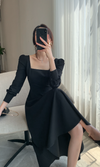 Long Sleeve Square Neck Fit & Flare Midi Dress Stretch