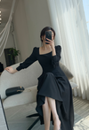 Long Sleeve Square Neck Fit & Flare Midi Dress Stretch