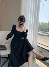 Long Sleeve Square Neck Fit & Flare Midi Dress Stretch