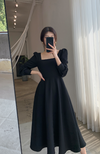 Long Sleeve Square Neck Fit & Flare Midi Dress Stretch