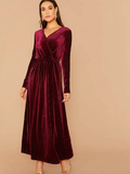 surplice Neck Rib-Knit Velvet Dress