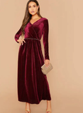 surplice Neck Rib-Knit Velvet Dress