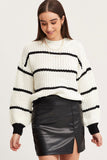 Striped Mock Neck Drop Shoulder Sweater