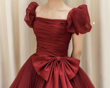 Puff Sleeve Square Collar A-Line Tulle Bow Lace Up Gown
