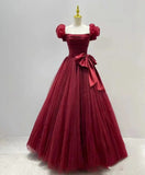 Puff Sleeve Square Collar A-Line Tulle Bow Lace Up Gown